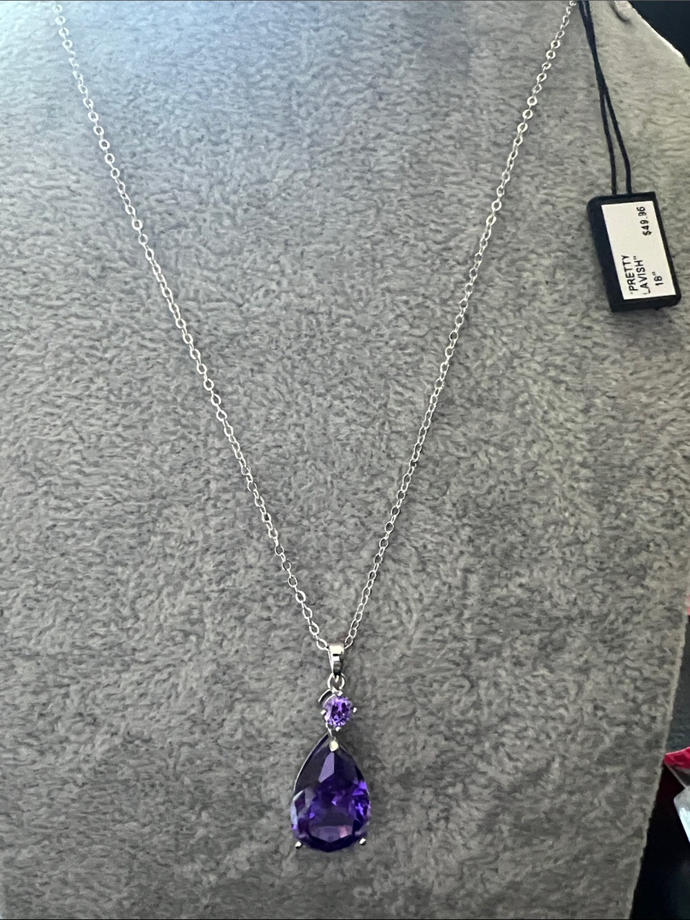 Silver Chain Necklace with Purple Teardrop Pendant - Elegant Women's Jewelry